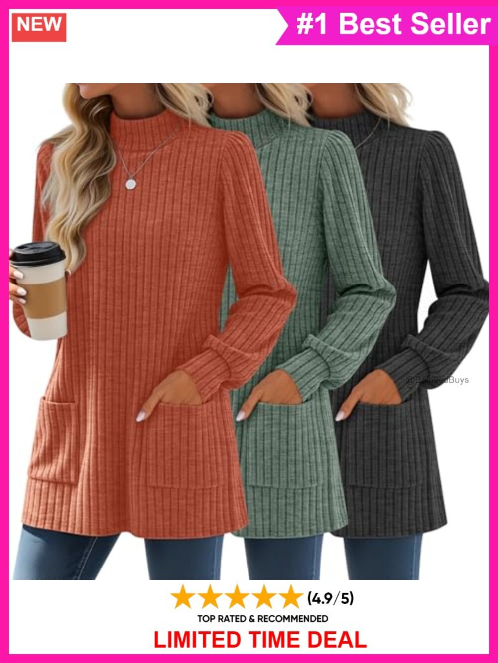 Mock Neck Ribbed Knit Tunic Sweater with Pockets Long Sleeve Pullover